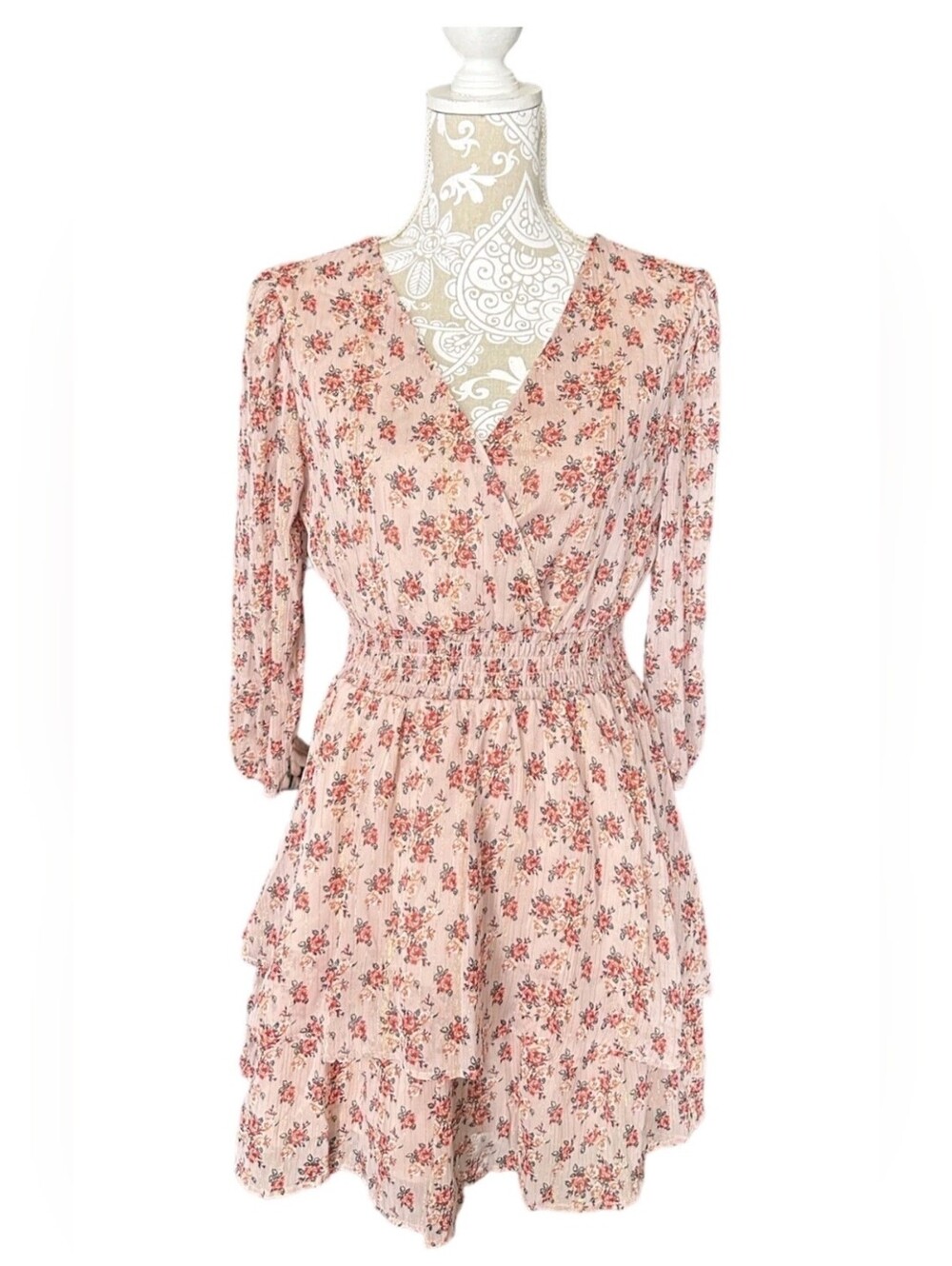 Mimi Chica Floral Tiered Ruffle Long Sleeve Mini Dress Size Large Boho Cottage